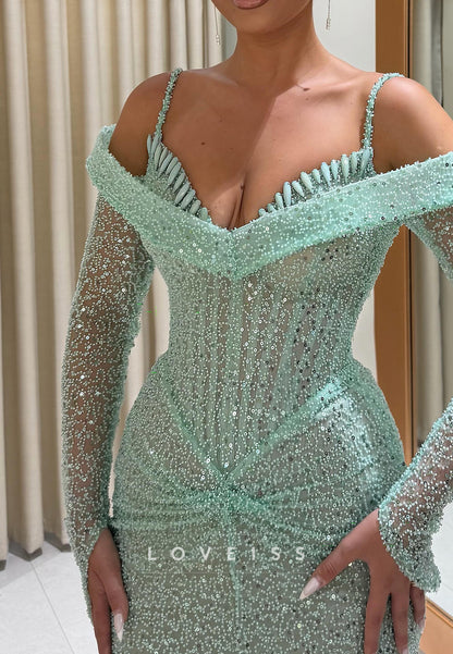 Cold Shoulder Sequin Mermaid Gown with Long Sleeves