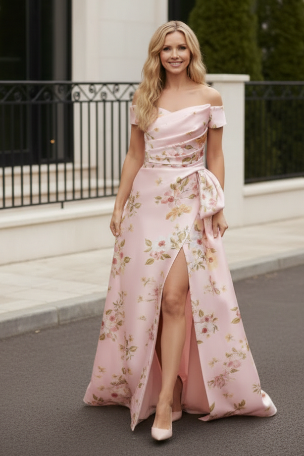 Off-The-Shoulder Floral Satin Gown with Slit
