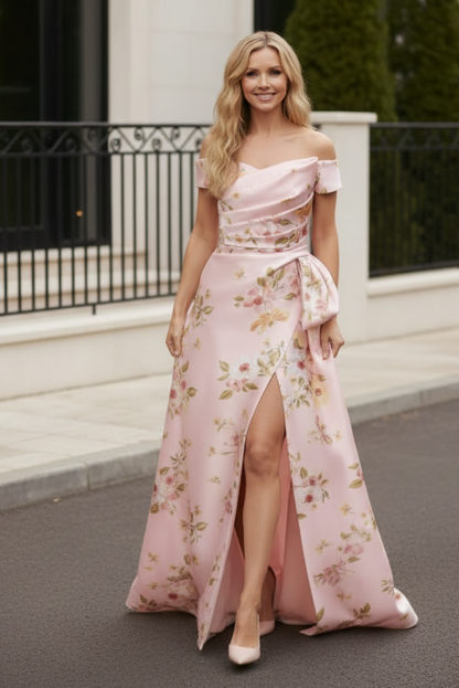 Off-The-Shoulder Floral Satin Gown with Slit