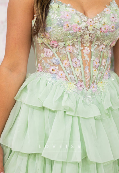 Floral Applique Corset Tiered Ruffle Mini Dress