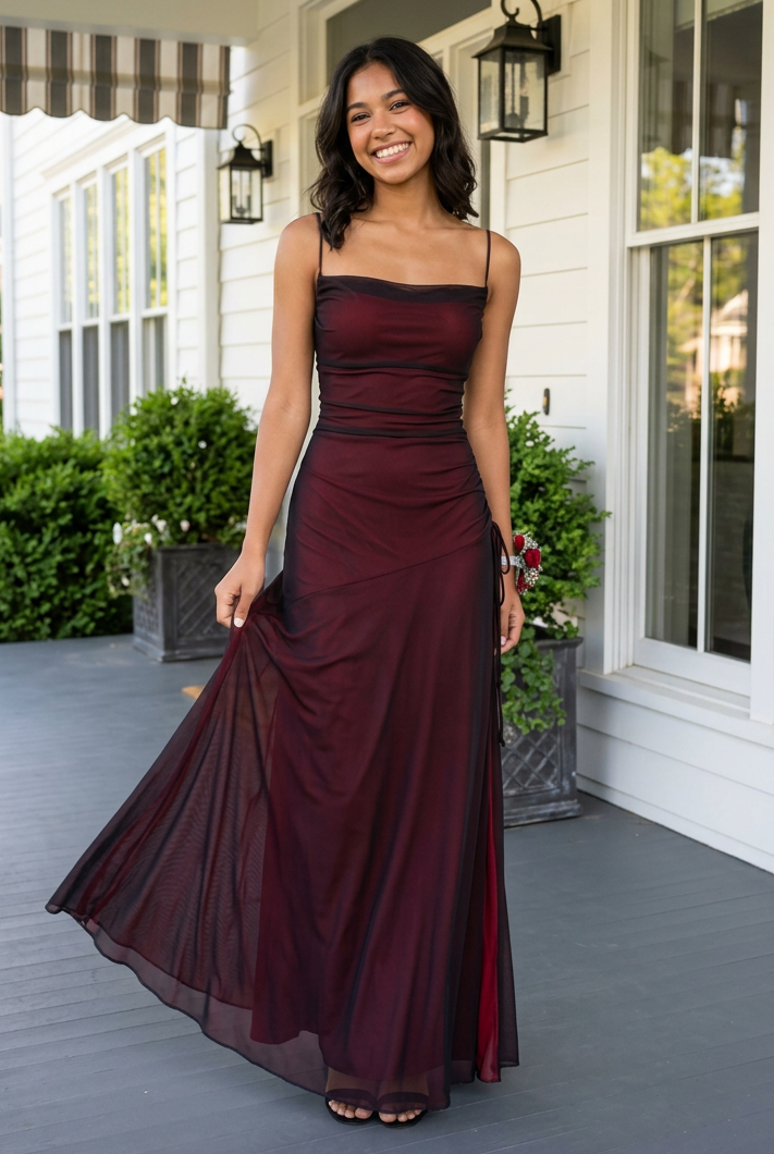 Mesh Overlay Maxi Dress with Side Ruched Ties