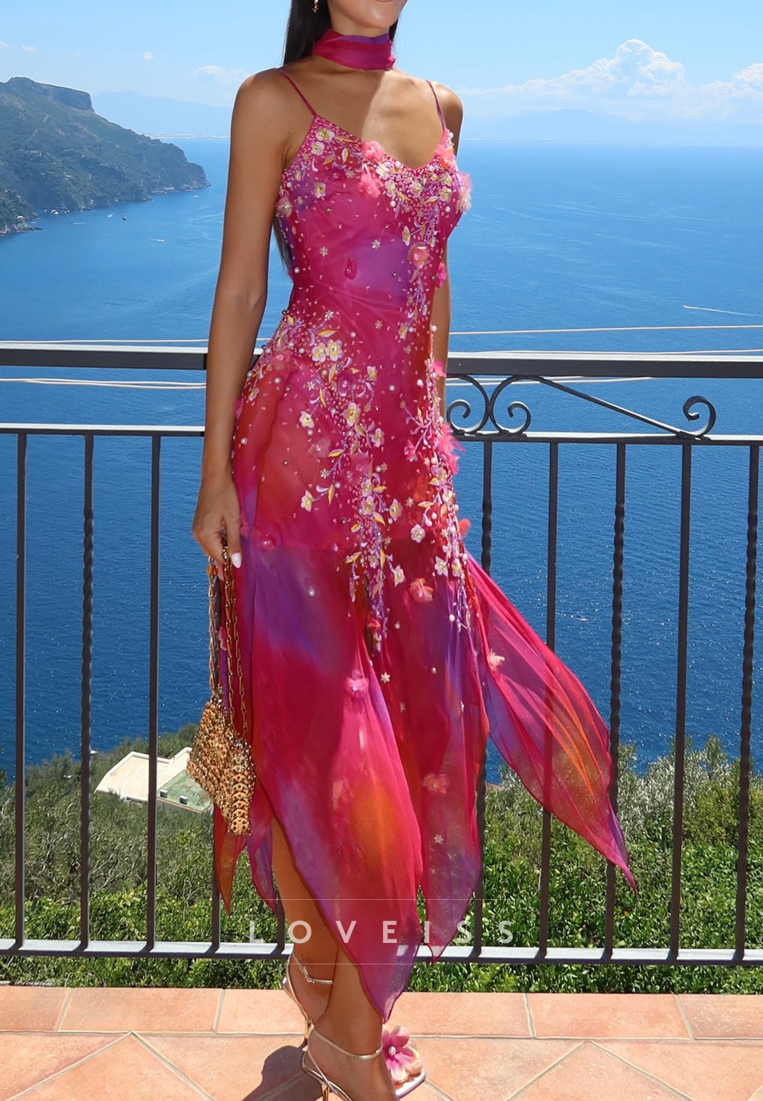 Asymmetrical Floral Embroidered Chiffon Slip Dress