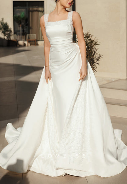 Square Neck Beaded Satin Gown with Overskirt