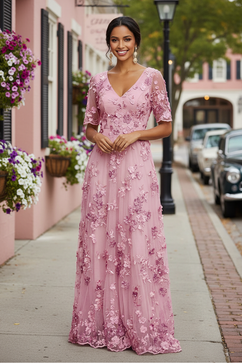 A-Line 3D Floral Applique Evening Gown