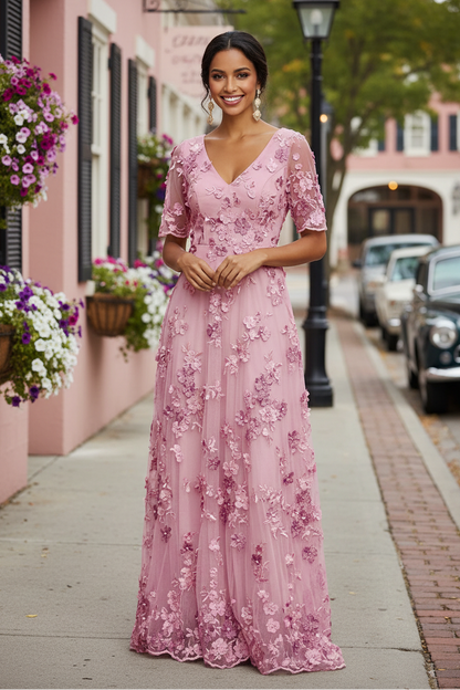 A-Line 3D Floral Applique Evening Gown