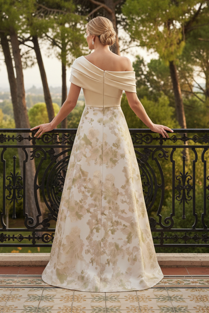 One-Shoulder Pleated Floral Jacquard A-Line Gown