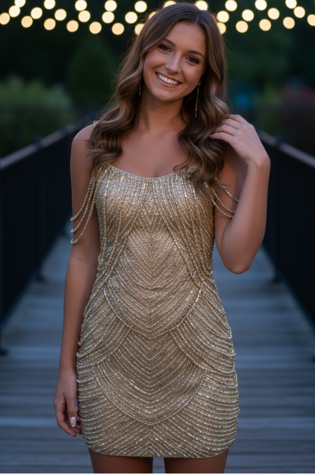 Beaded Fringe Backless Mini Dress with Draped Sleeves