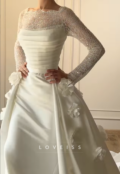 Ruched Bodice Satin Gown with 3D Florals