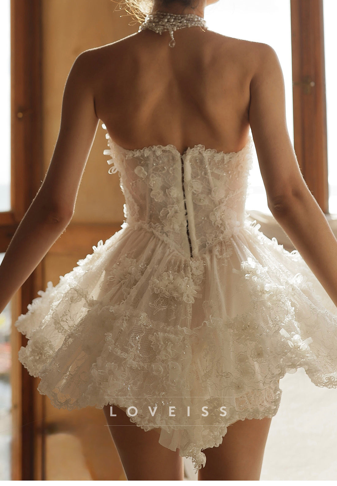 Strapless Corset 3D Floral Lace Tiered Mini Dress