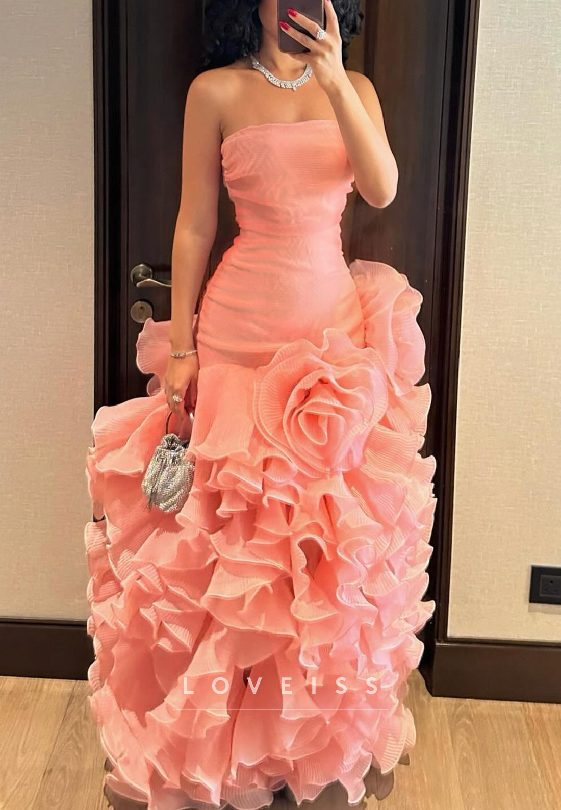 Strapless Mermaid Gown with 3D Flower Ruffled Skirt