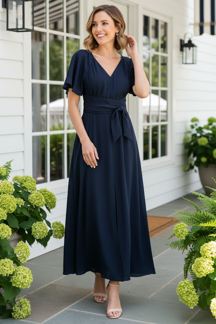 A-Line V-Neck Flutter Sleeve Maxi Dress