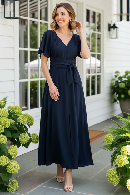 A-Line V-Neck Flutter Sleeve Maxi Dress