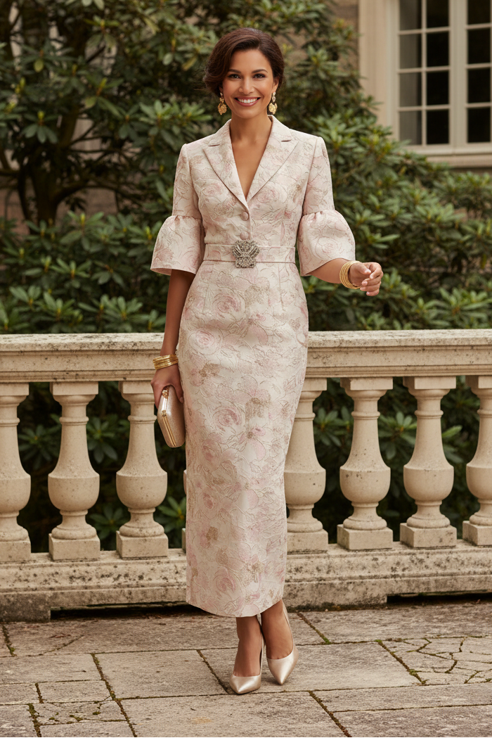 Floral Jacquard Column Dress with Bell Sleeves