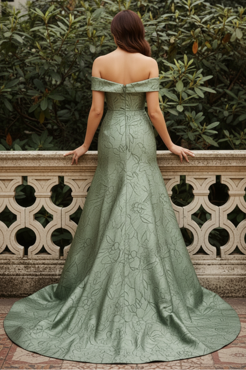 Asymmetrical Bow Floral Jacquard Evening Gown