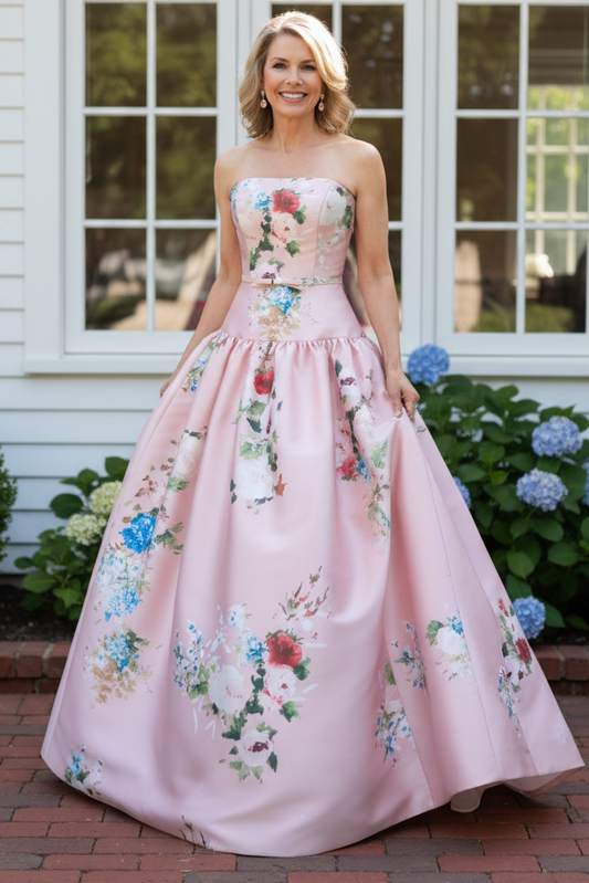 Strapless Floral Print Drop-Waist Ball Gown