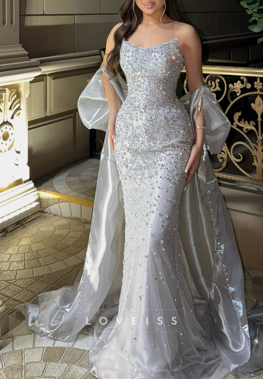 Beaded Mermaid Evening Gown with Dramatic Cape