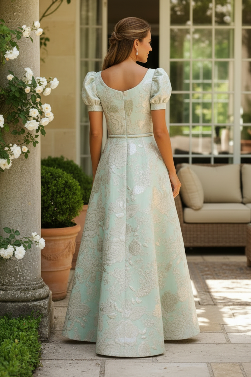 Square Neck Floral Jacquard Puff Sleeve A-Line Gown