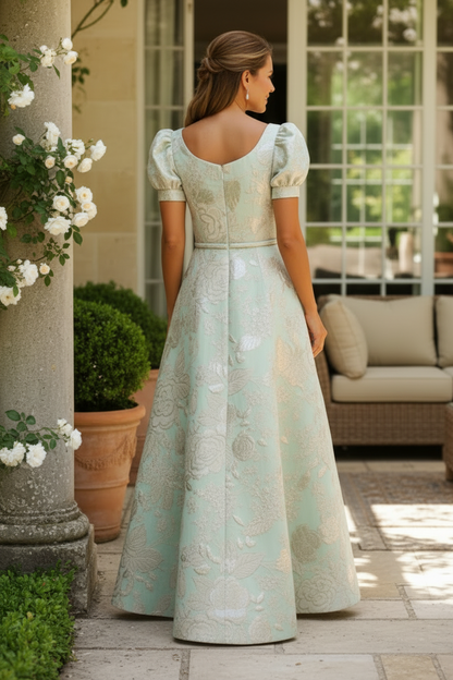 Square Neck Floral Jacquard Puff Sleeve A-Line Gown