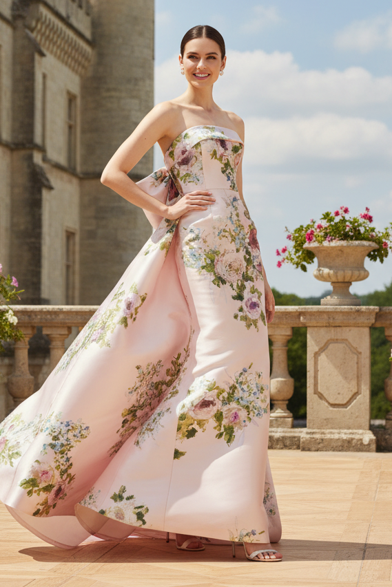 Strapless Floral Print Column Evening Gown