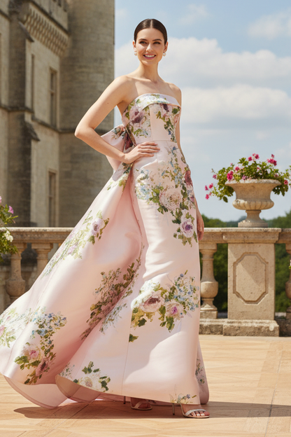 Strapless Floral Print Column Evening Gown