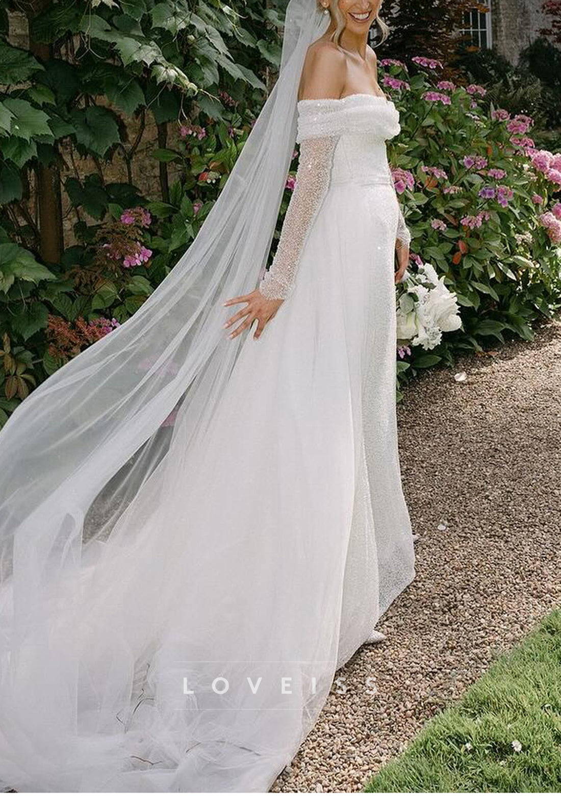 Sparkly Off-the-Shoulder Long Sleeve Wedding Dress