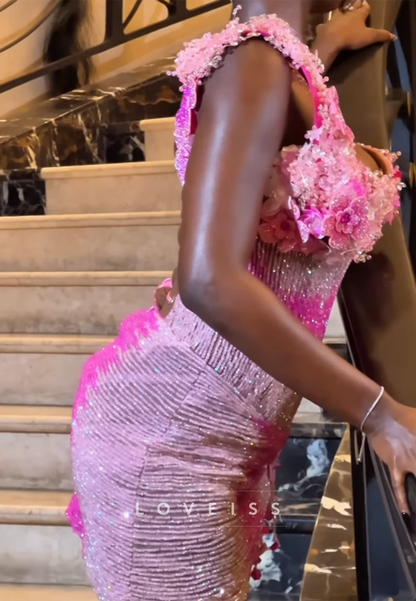 One-Shoulder 3D Floral Beaded Mini Dress