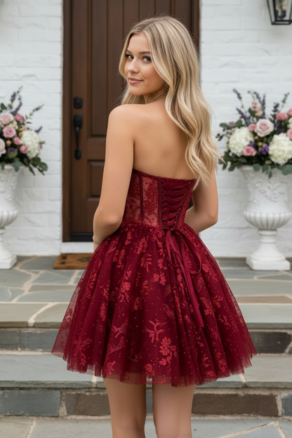 Strapless Glitter Lace Corset Short Dress