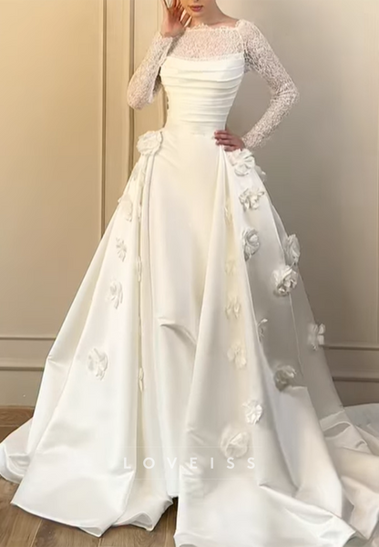 Ruched Bodice Satin Gown with 3D Florals