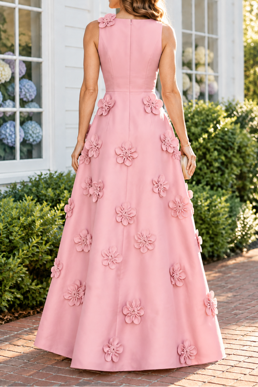 Sleeveless A-Line Gown with 3D Floral Appliques
