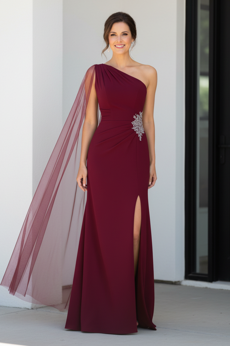 One-Shoulder Crepe Evening Gown with Cape and High Slit