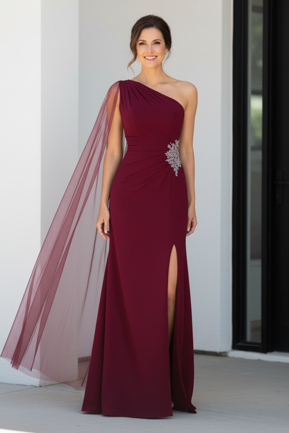 One-Shoulder Crepe Evening Gown with Cape and High Slit
