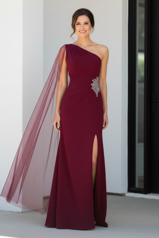 One-Shoulder Crepe Evening Gown with Cape and High Slit
