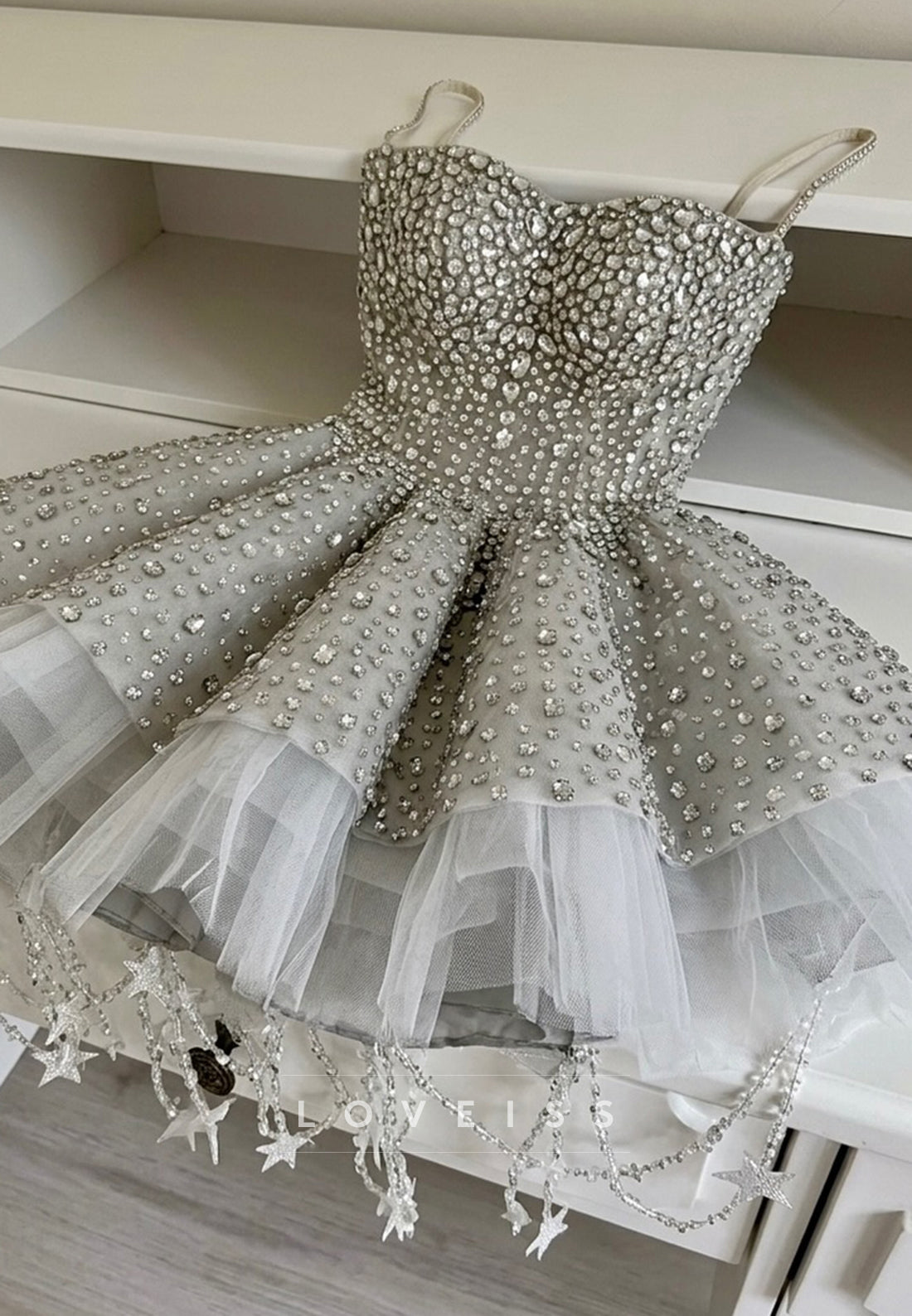 Crystal Embellished Sweetheart Tulle Mini Dress
