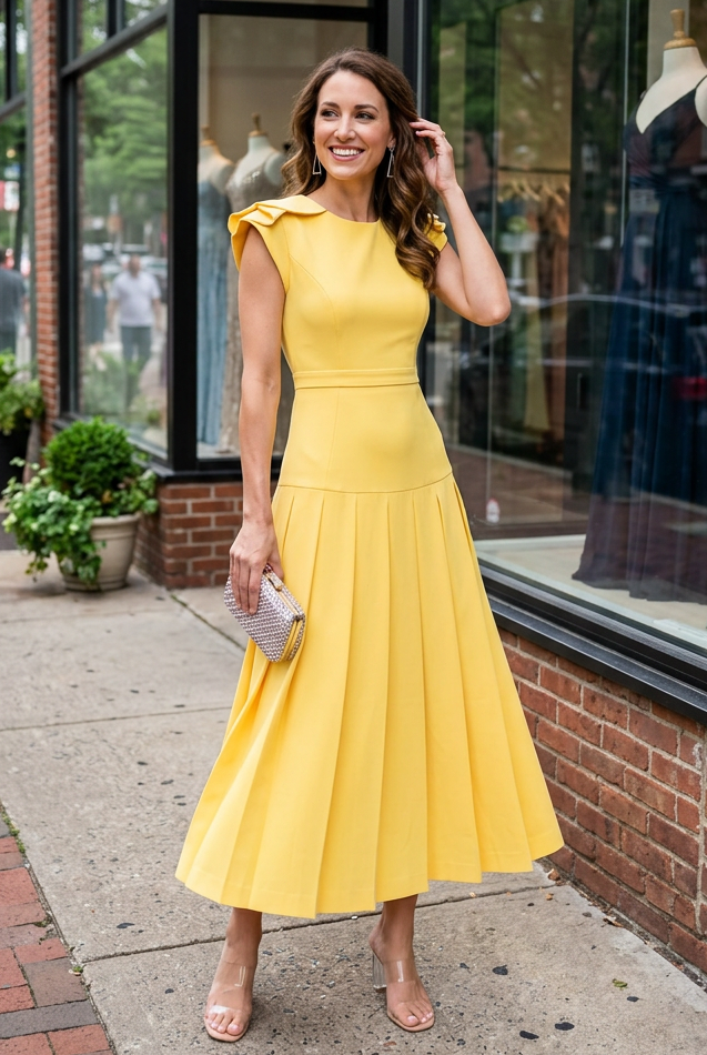Pleated Midi Dress with Layered Cap Sleeves