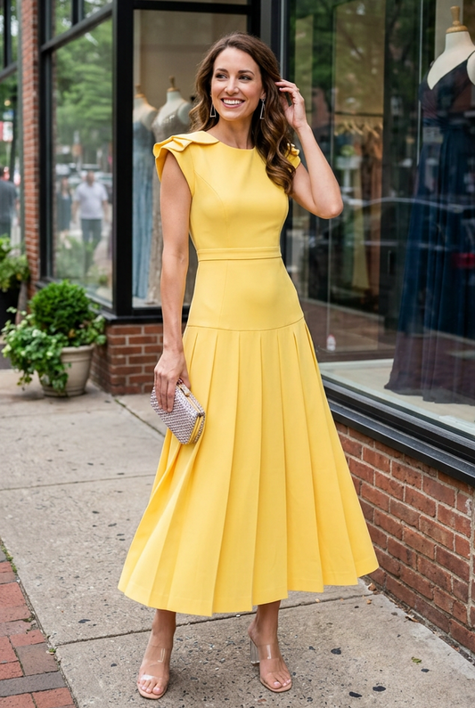 Pleated Midi Dress with Layered Cap Sleeves