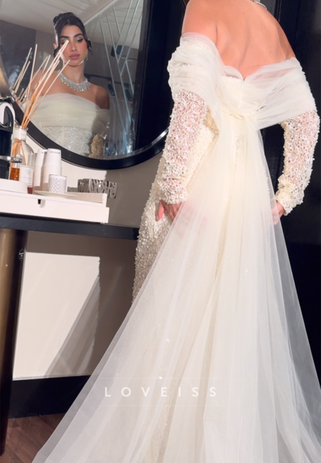 Off Shoulder Pearl Beaded Long Sleeve Mermaid Gown