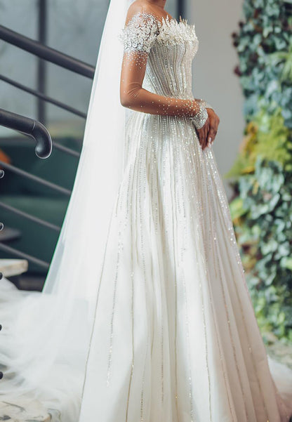 Beaded Ball Gown Wedding Dress with Illusion Sleeves