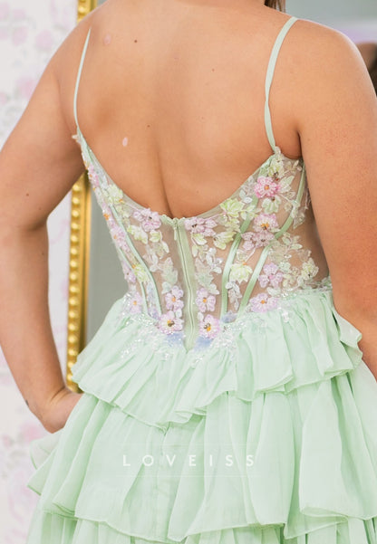 Floral Applique Corset Tiered Ruffle Mini Dress
