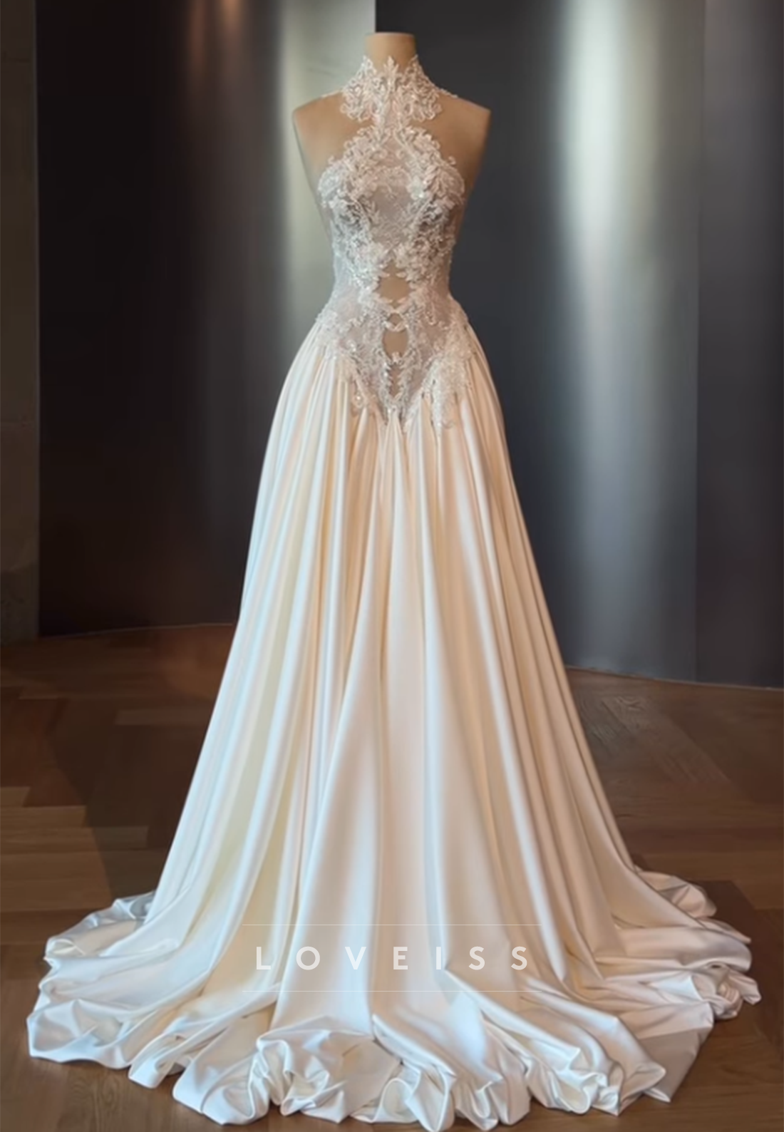 Beaded Lace Halter Neck Wedding Dress with Satin Skirt