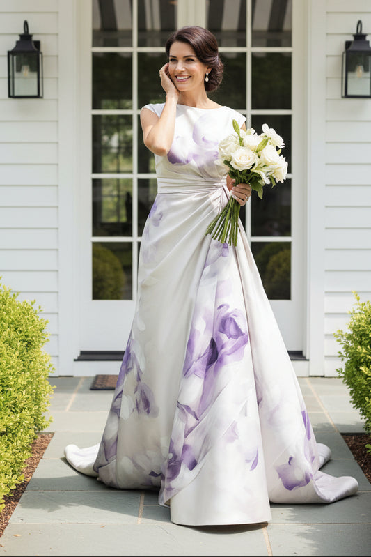 Bateau Neck Floral Printed A-Line Evening Gown