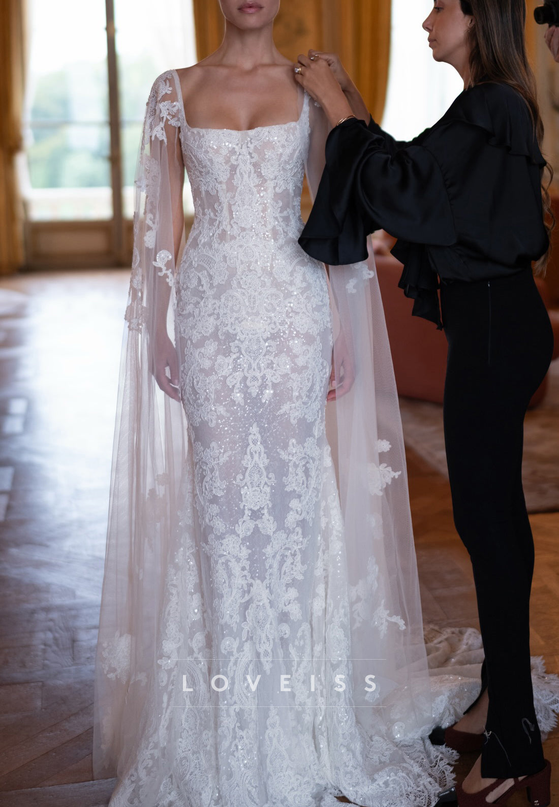 Square Neck Lace Mermaid Bridal Gown with Low Back