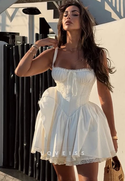 Tie-Front Smocked Corset Mini Dress with Lace Hem