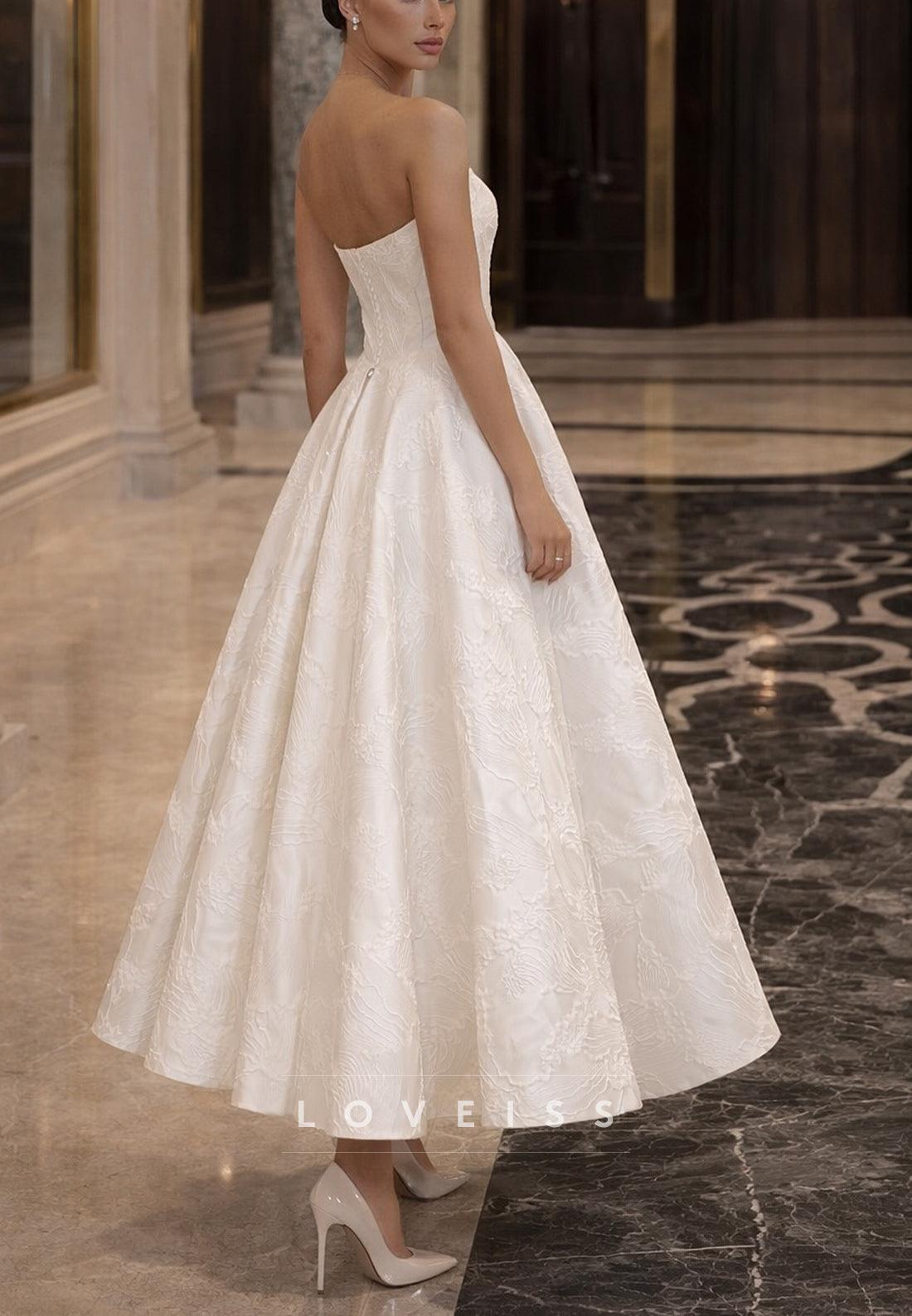 Strapless Jacquard A-Line Tea-Length Wedding Dress