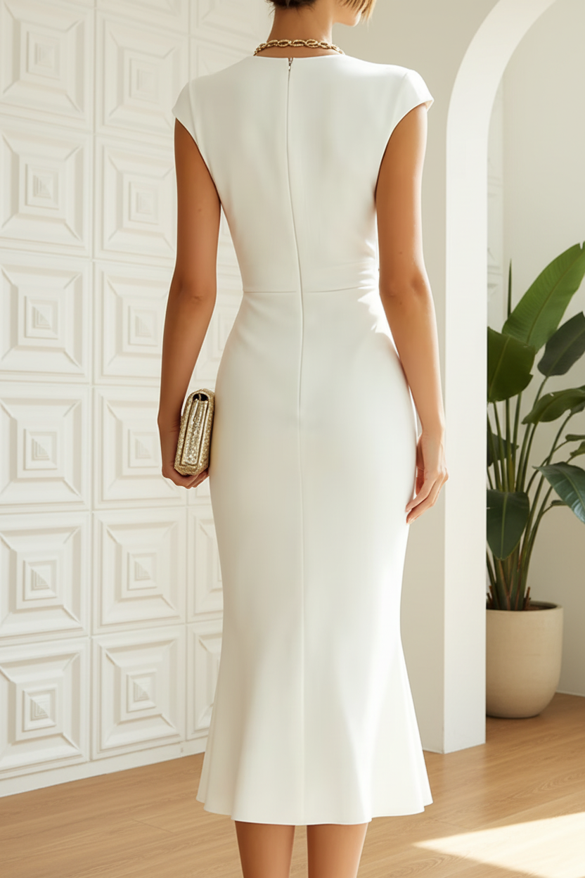 Elegant Cap Sleeve Ruched Midi Trumpet Dress