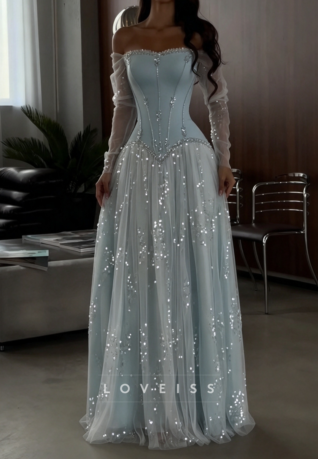 Corset Evening Gown with Beading and Sheer Sleeves