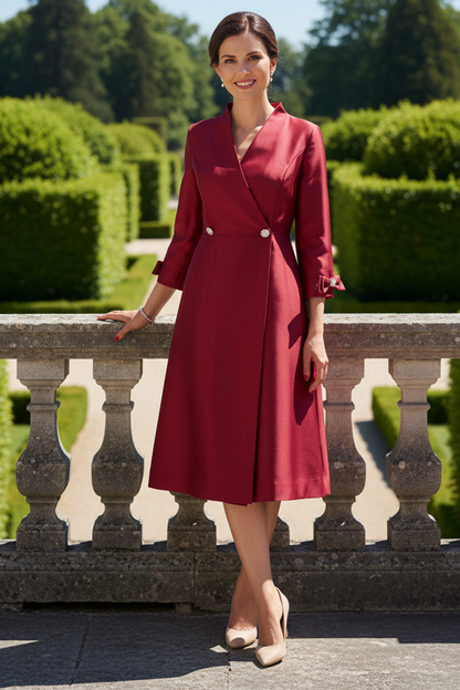 Wrap Knee-Length Dress with Bow-Accent 3/4 Sleeves