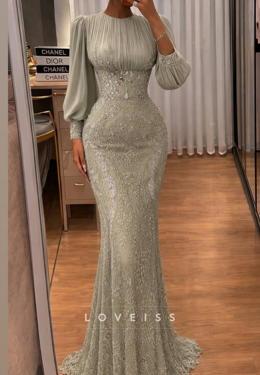 Beaded Long Sleeve Mermaid Evening Gown