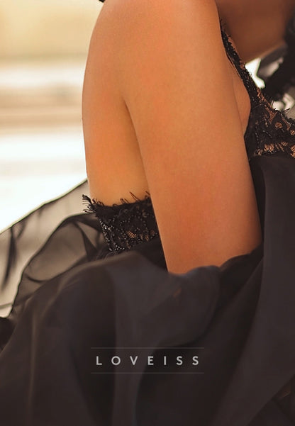Beaded Lace Halter Column Gown with Sheer Cape