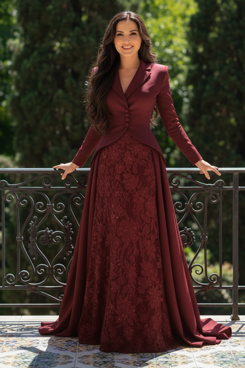 Tailored Jacket Gown with Lace Skirt and Train