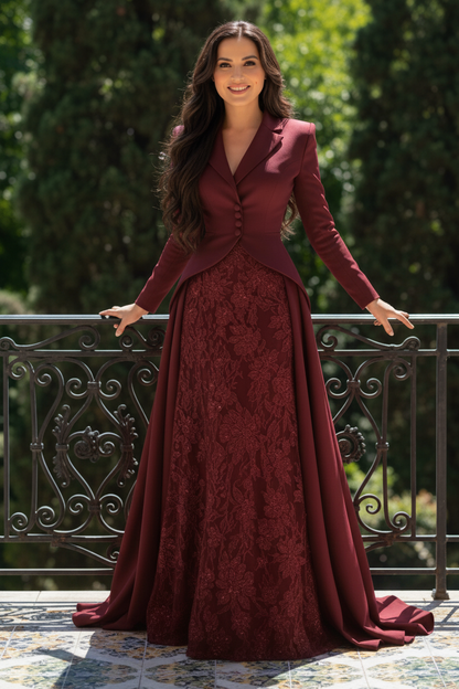 Tailored Jacket Gown with Lace Skirt and Train